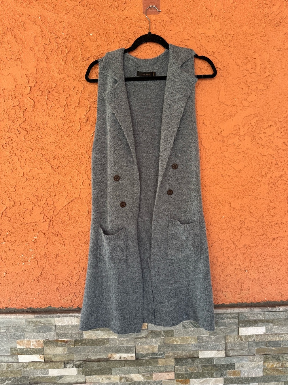 Love tree Grey Double-Breasted Knit Long Vest - Picture 3 of 7
